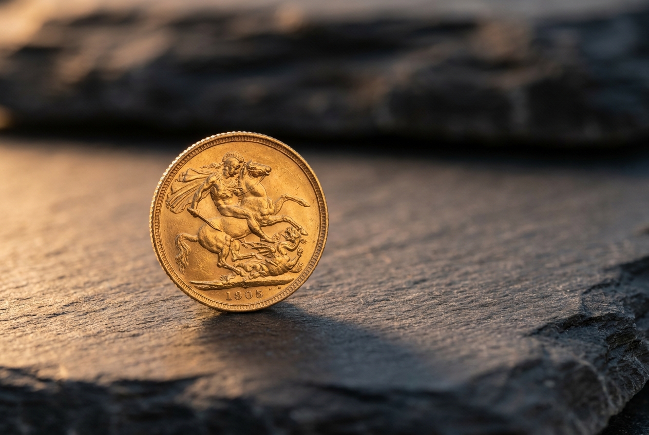 A single gold sovereign coin on dark slate