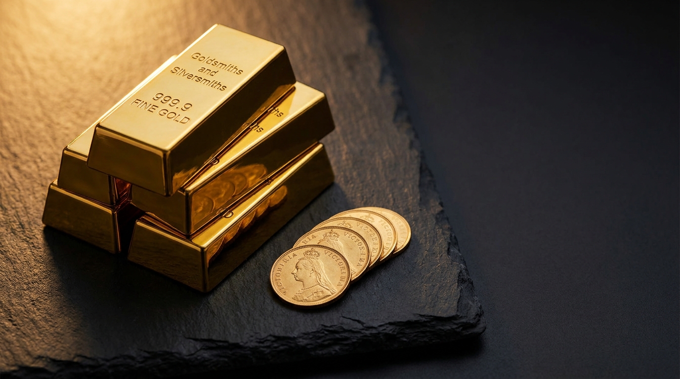 Stacked gold bullion bars and sovereign coins on dark slate