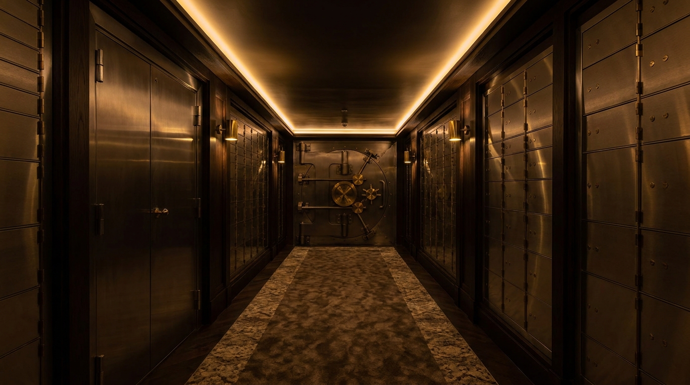 Polished steel deposit boxes inside a private vault